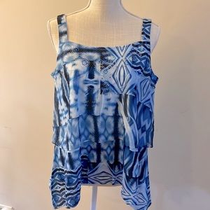 Dressbarn women’s petite asymmetrical blue print tank top blouse size PXL